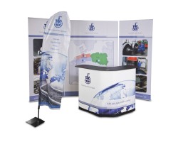 Mobiler Messestand Tresen Beachflag Bannerdisplay